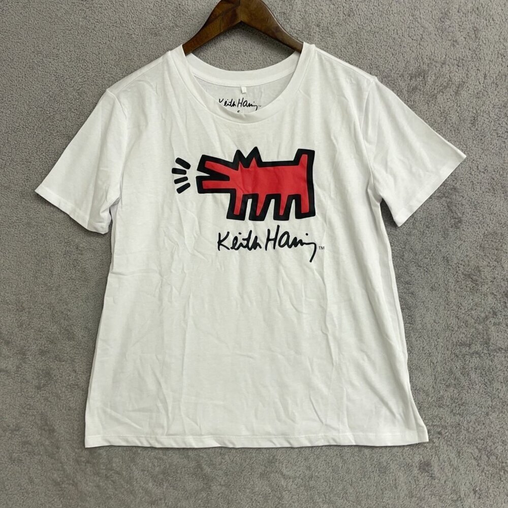 NEW Keith Haring Women's S T-Shirt Red Dog Graphic White Cotton Blend - Picture 3 of 10
